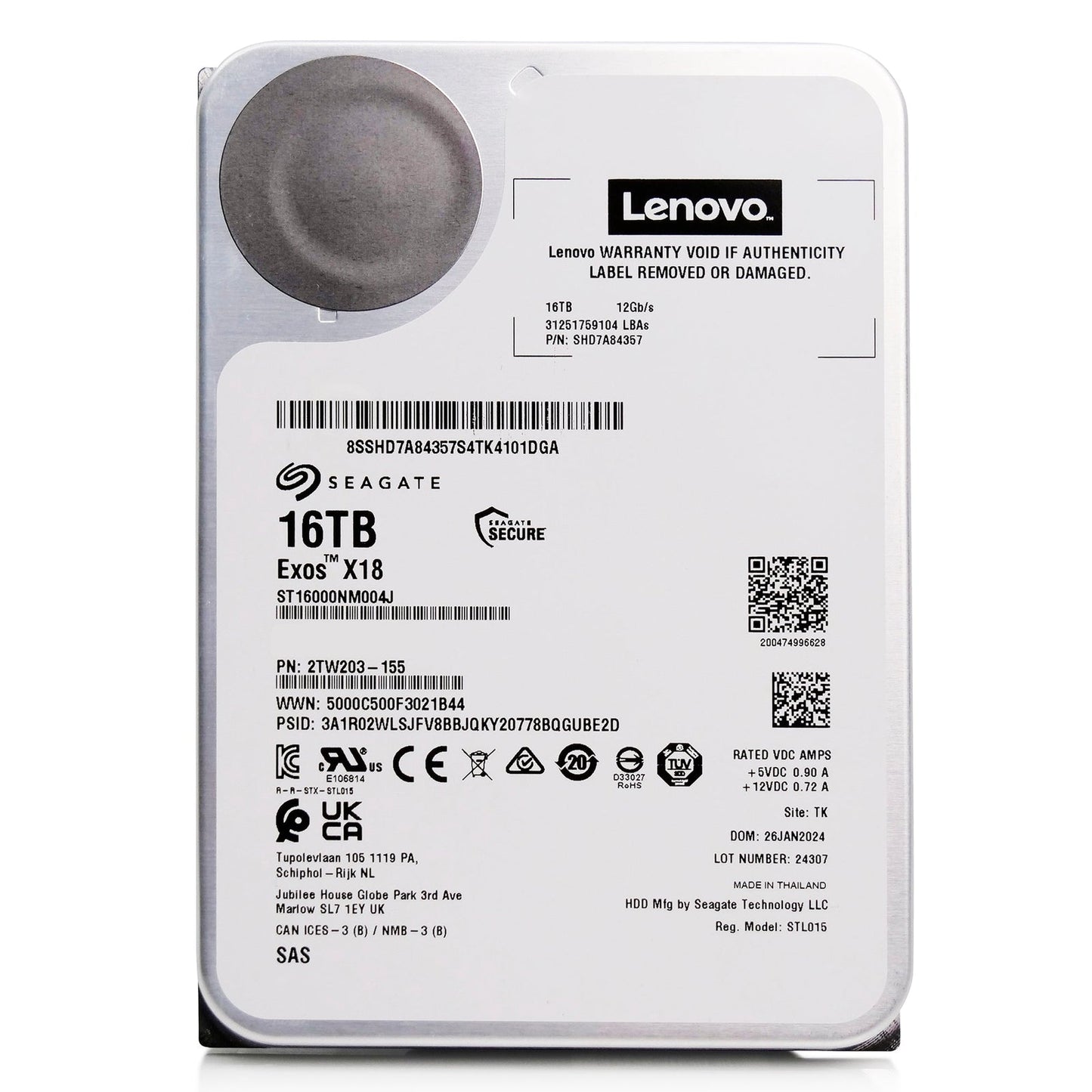 Seagate/Lenovo Exos X18 ST16000NM004J SHD7A84367 16TB 7.2K RPM SAS 12Gb/s 512e 3.5in Hard Drive