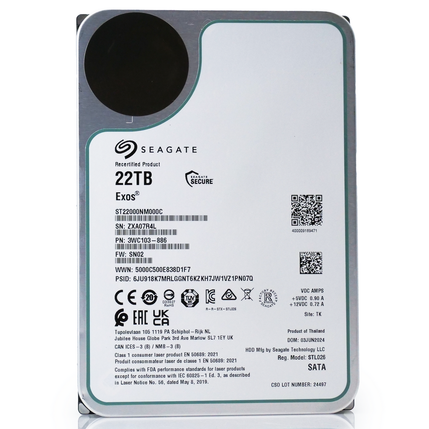 Seagate Exos ST22000NM000C 22TB 7.2K RPM SATA 6Gb/s 3.5in Hard Drive